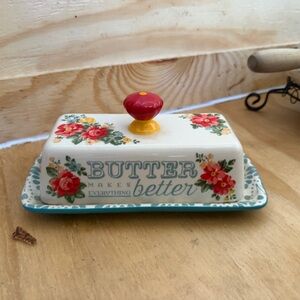 Pioneer woman Floral Butter Dish with Red Knob